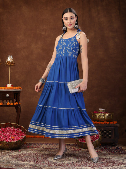 Blue Solid & Embroidered Rayon Strappy Tiered Dress (Pre-Order)