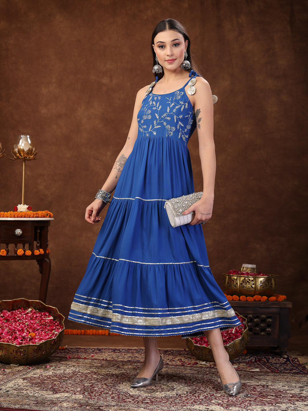 Blue Solid &amp; Embroidered Rayon Strappy Tiered Dress