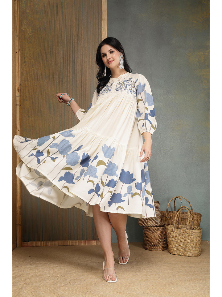 Floral Printed &amp; Embroidered Cotton Tiered Dress