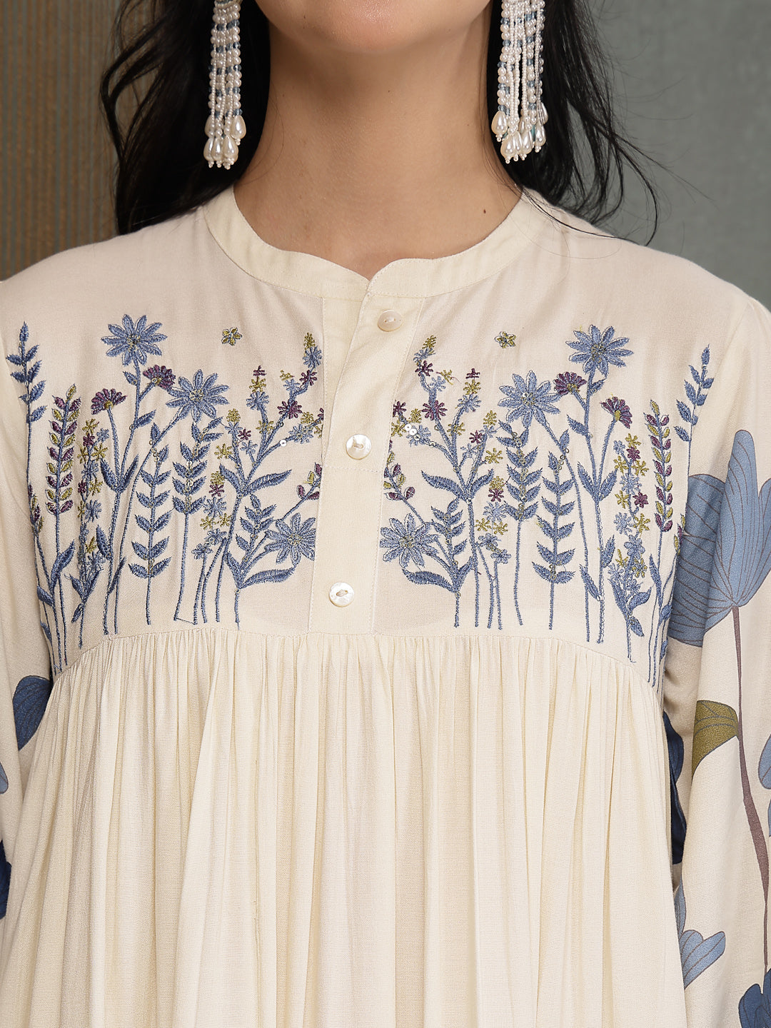 Floral Printed &amp; Embroidered Cotton Tiered Dress