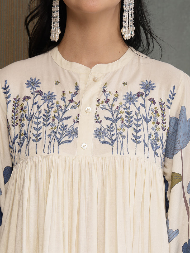 Floral Printed &amp; Embroidered Cotton Tiered Dress