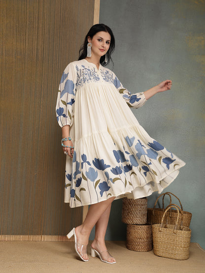 Floral Printed & Embroidered Cotton Tiered Dress