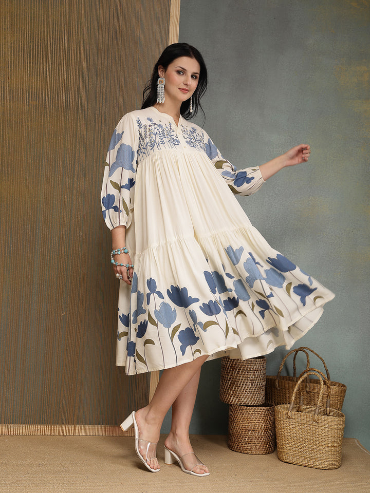Floral Printed &amp; Embroidered Cotton Tiered Dress