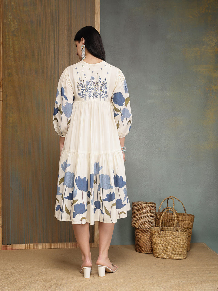 Floral Printed &amp; Embroidered Cotton Tiered Dress