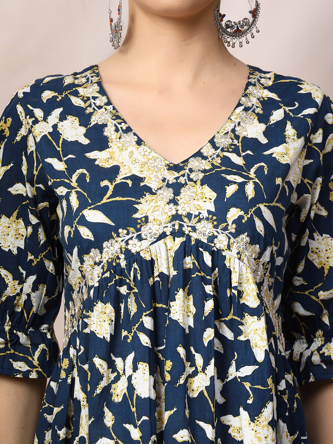 Blue Floral Printed Cotton Pleated Dress
