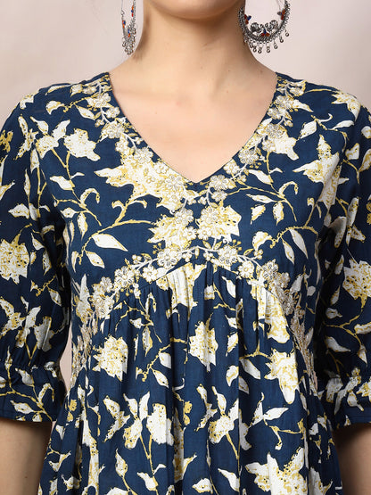 Blue Floral Printed Cotton Pleated Dress