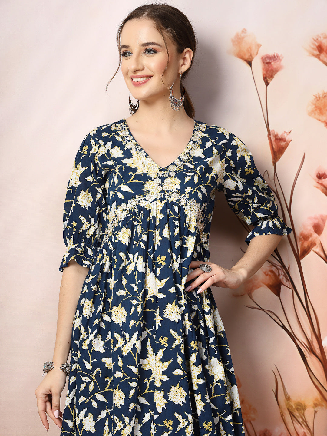 Blue Floral Printed Cotton Pleated Dress