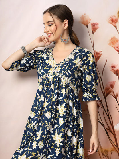 Blue Floral Printed Cotton Pleated Dress
