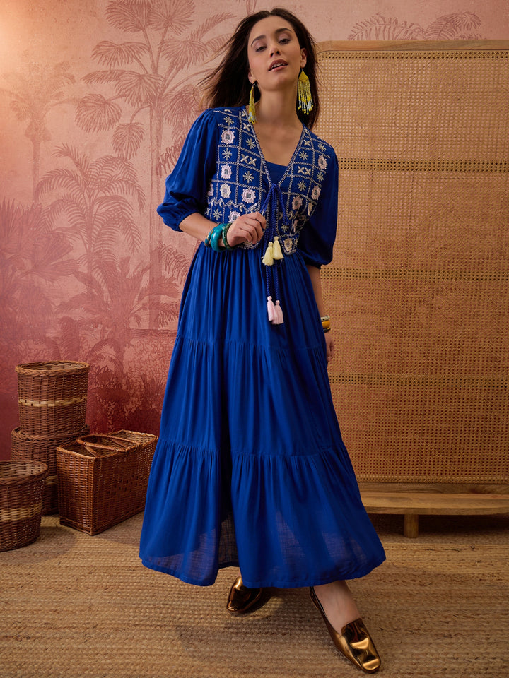 Solid &amp; Embroidered Rayon Tiered Dress With Jacket
