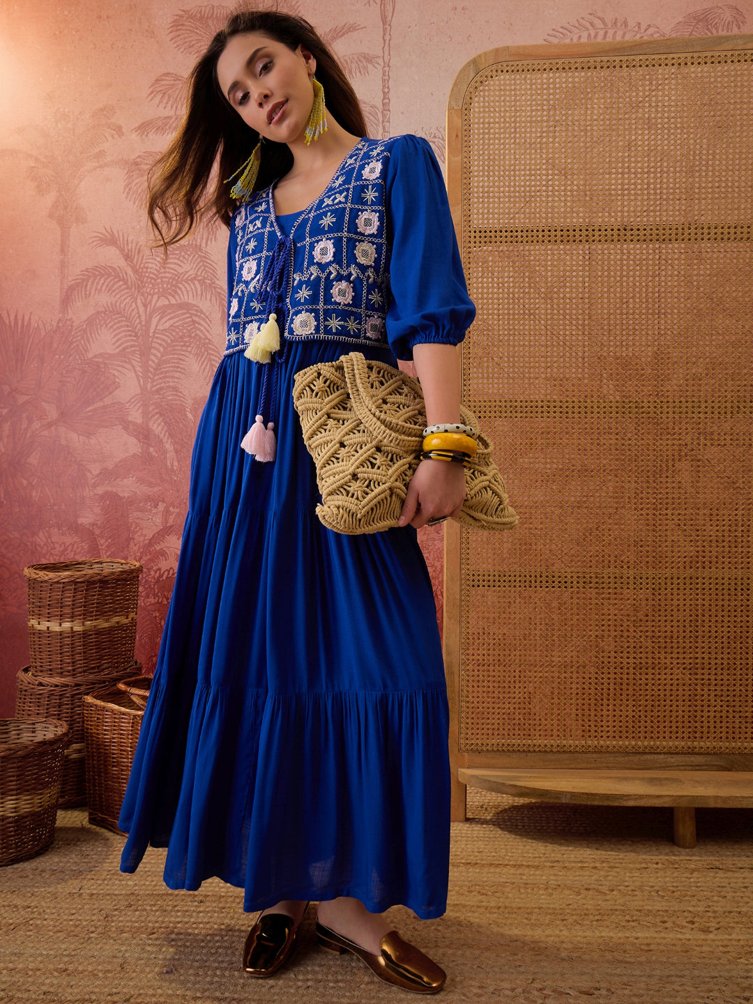 Solid &amp; Embroidered Rayon Tiered Dress With Jacket