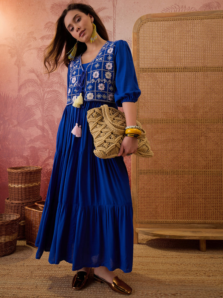 Solid &amp; Embroidered Rayon Tiered Dress With Jacket