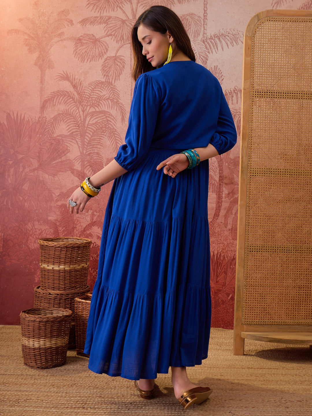 Solid &amp; Embroidered Rayon Tiered Dress With Jacket