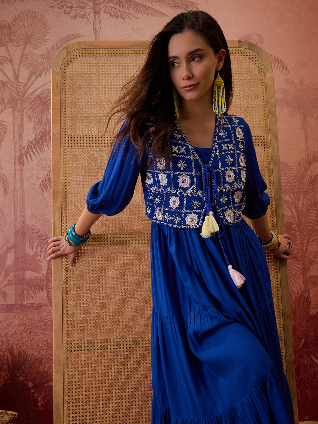 Solid &amp; Embroidered Rayon Tiered Dress With Jacket