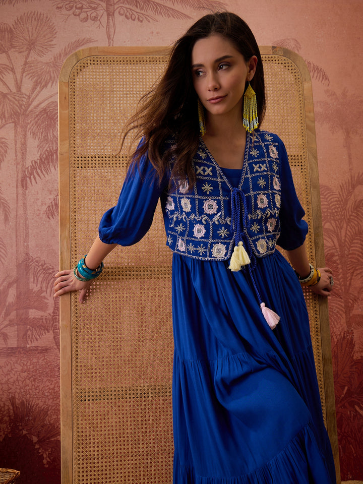 Solid &amp; Embroidered Rayon Tiered Dress With Jacket