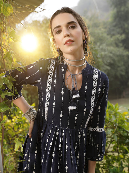 Blue Printed Cotton Flared Dress (Pre-Order)