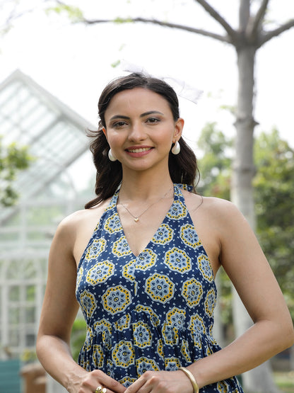 Blue Printed Cotton Tiered Dress (Pre-Order)