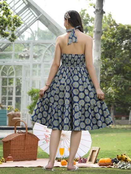 Blue Printed Cotton Tiered Dress