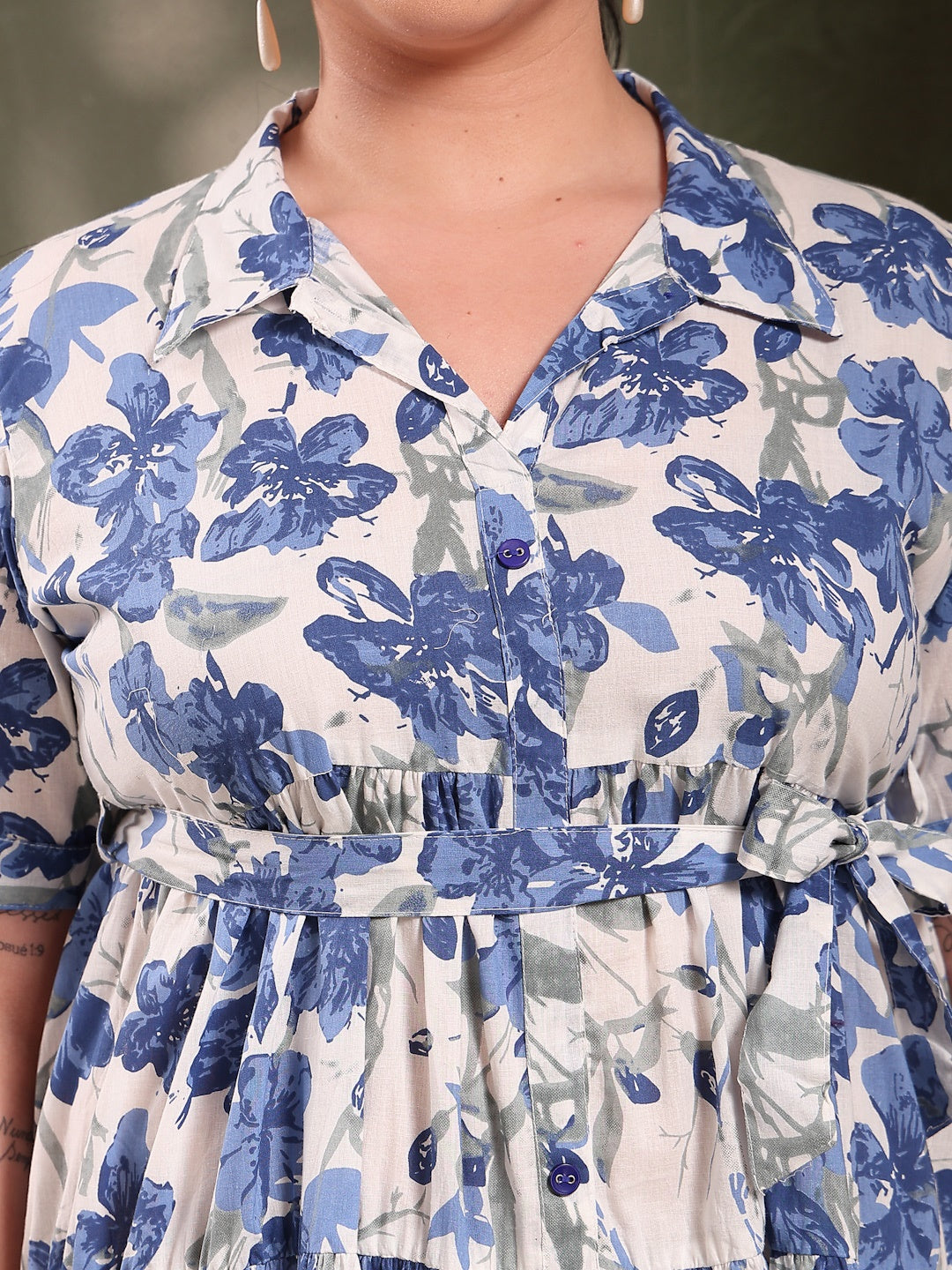 Plus Size Blue Floral Printed Cotton Flared Dress