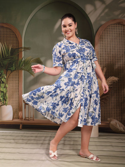 Plus Size Blue Floral Printed Cotton Flared Dress