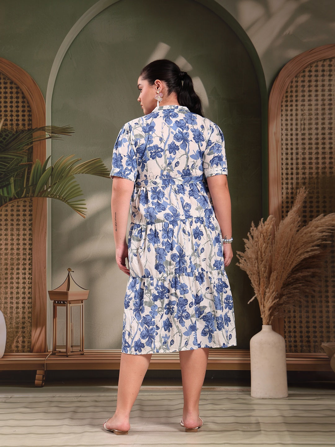 Plus Size Blue Floral Printed Cotton Flared Dress