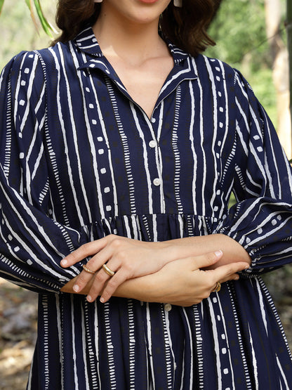 Blue Striped Khari Printed Rayon Dress (Pre-Order)