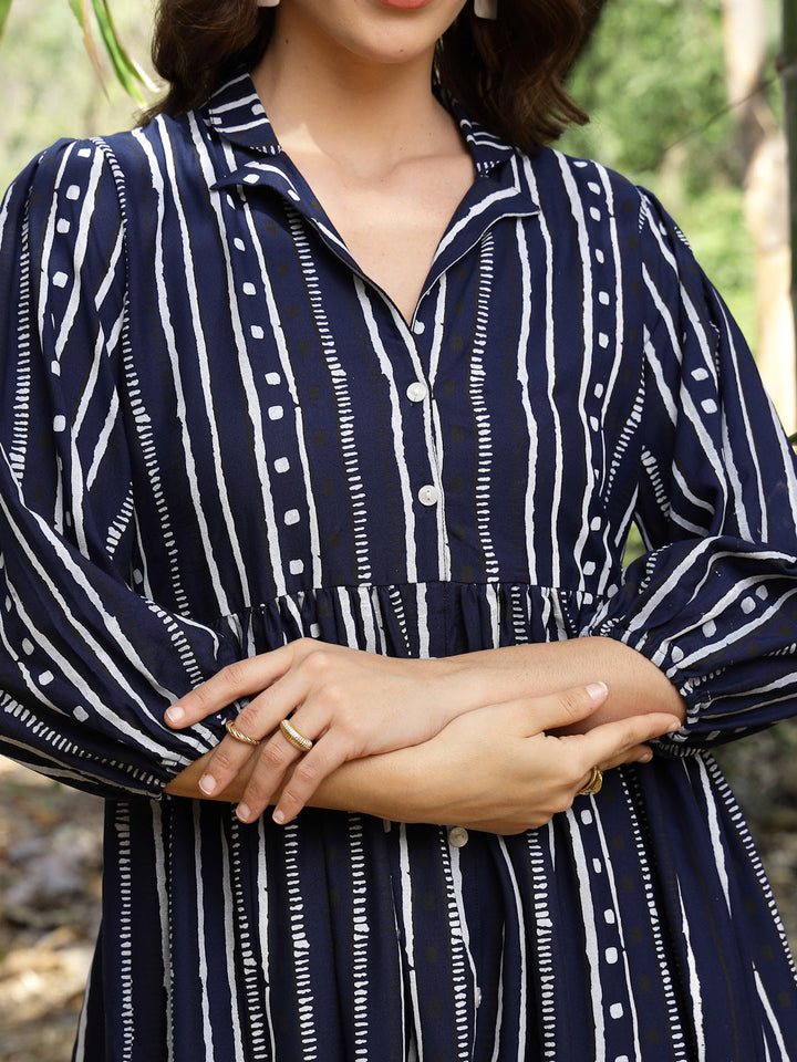 Blue Striped Khari Printed Rayon Dress