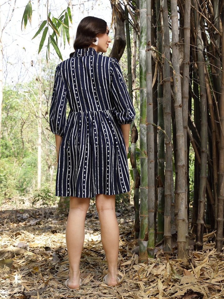 Blue Striped Khari Printed Rayon Dress