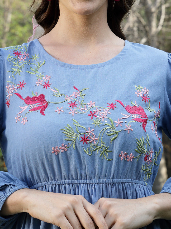 Blue Solid &amp; Embroidered Cotton Tiered Dress