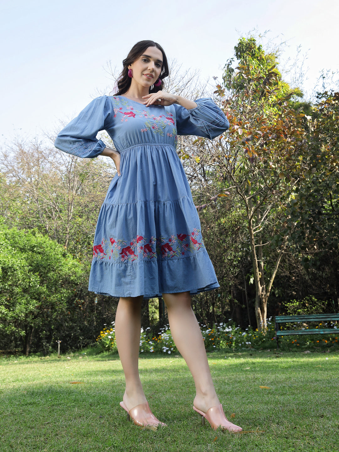 Blue Solid &amp; Embroidered Cotton Tiered Dress