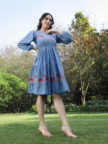 Blue Solid & Embroidered Cotton Tiered Dress