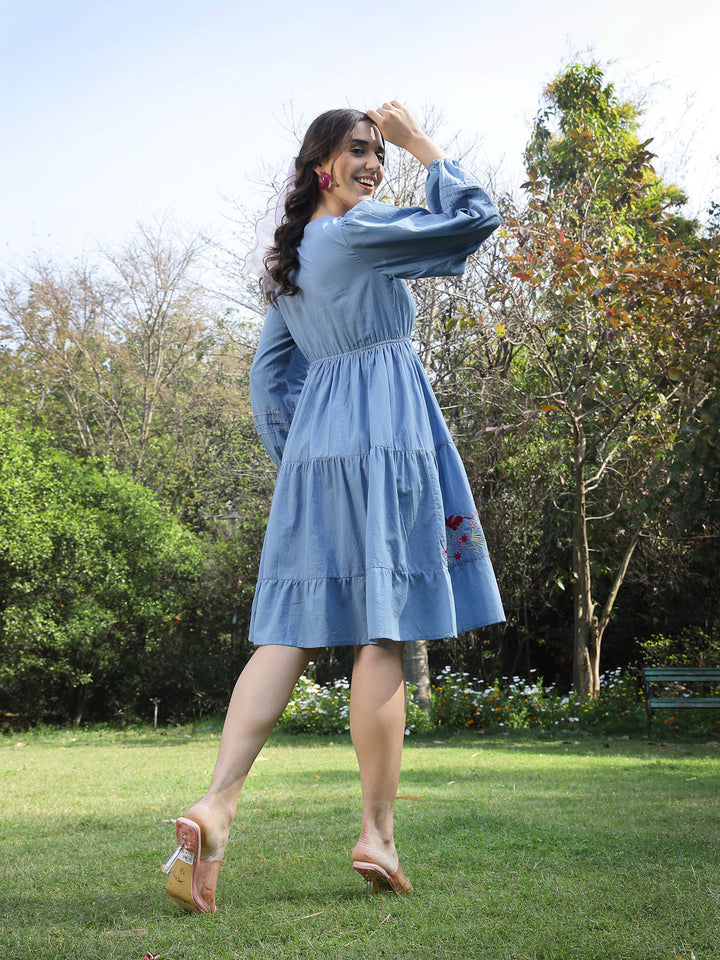 Blue Solid &amp; Embroidered Cotton Tiered Dress