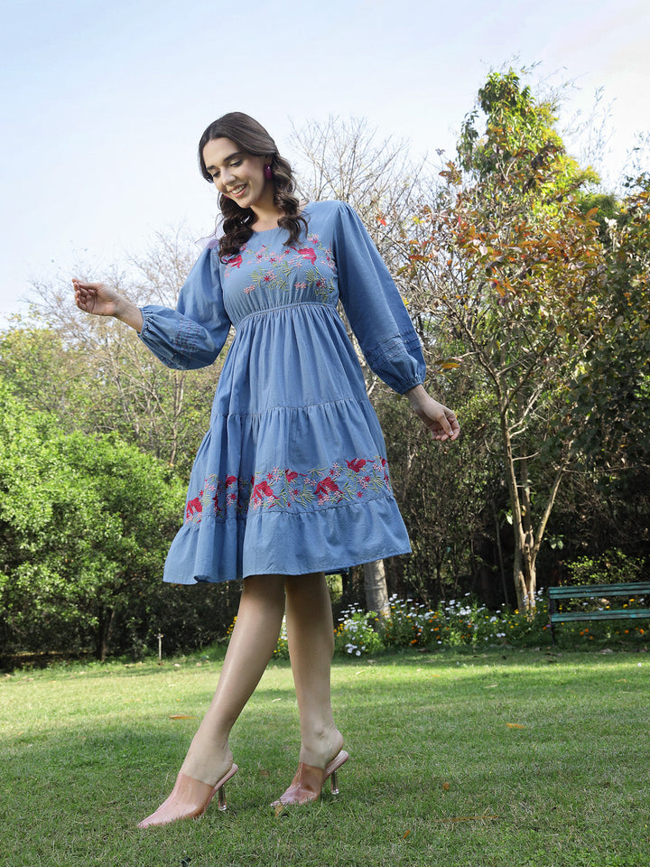 Blue Solid &amp; Embroidered Cotton Tiered Dress