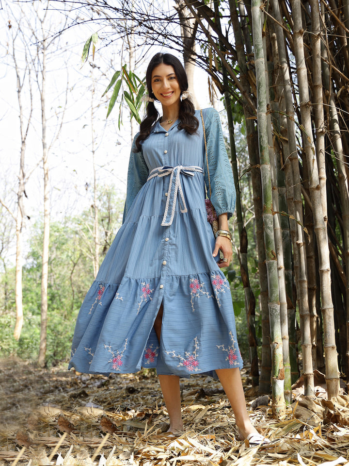 Solid &amp; Embroidered Rayon Flared Dress