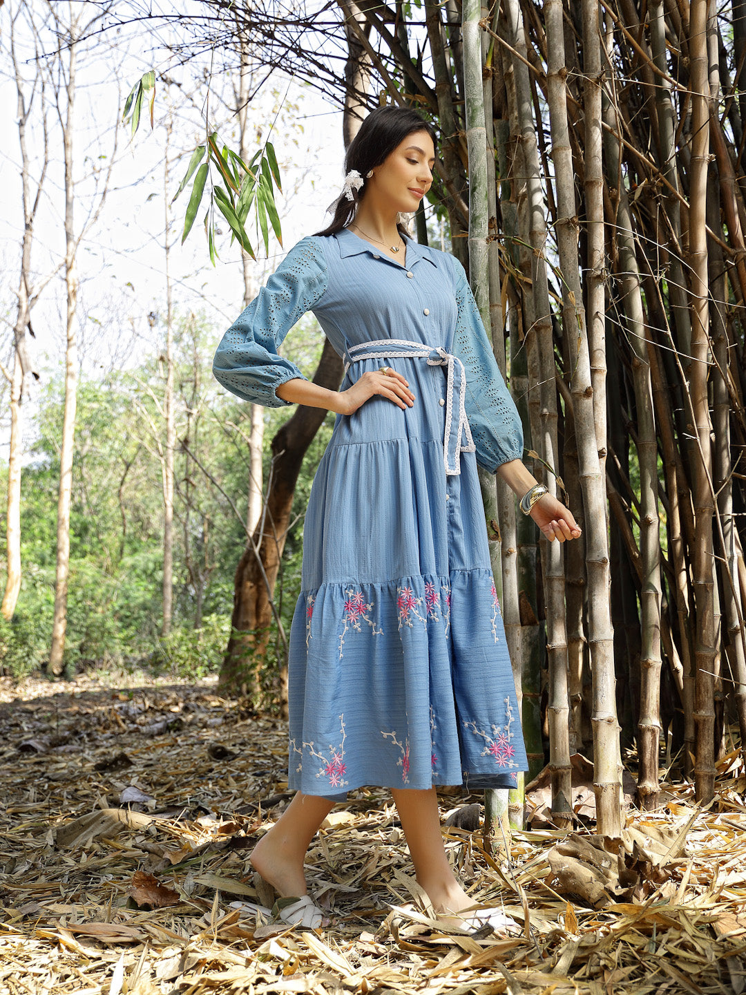 Solid &amp; Embroidered Rayon Flared Dress