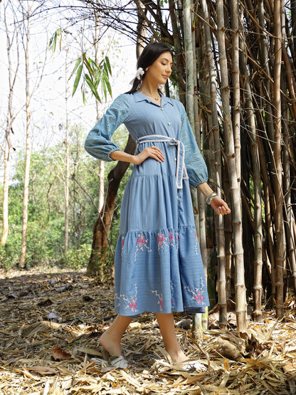 Solid & Embroidered Rayon Flared Dress