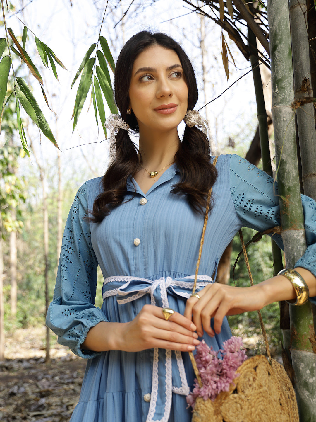Solid &amp; Embroidered Rayon Flared Dress