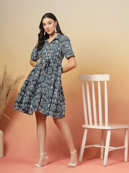 Blue Bagru Printed Cotton Flared Dress