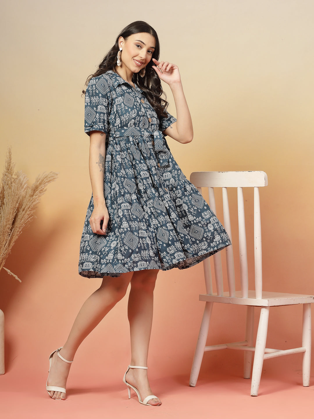 Blue Bagru Printed Cotton Flared Dress
