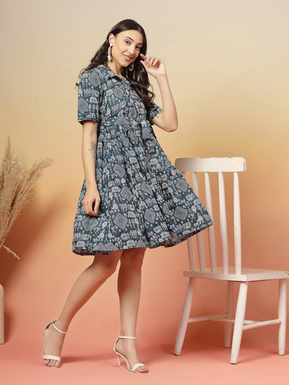 Blue Bagru Printed Cotton Flared Dress