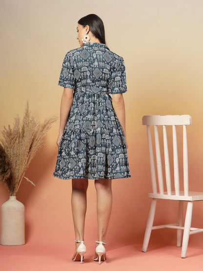 Blue Bagru Printed Cotton Flared Dress