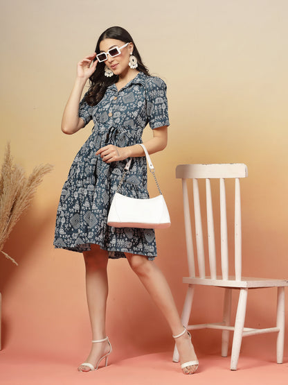 Blue Bagru Printed Cotton Flared Dress