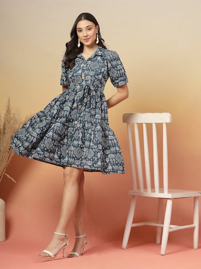 Blue Bagru Printed Cotton Flared Dress
