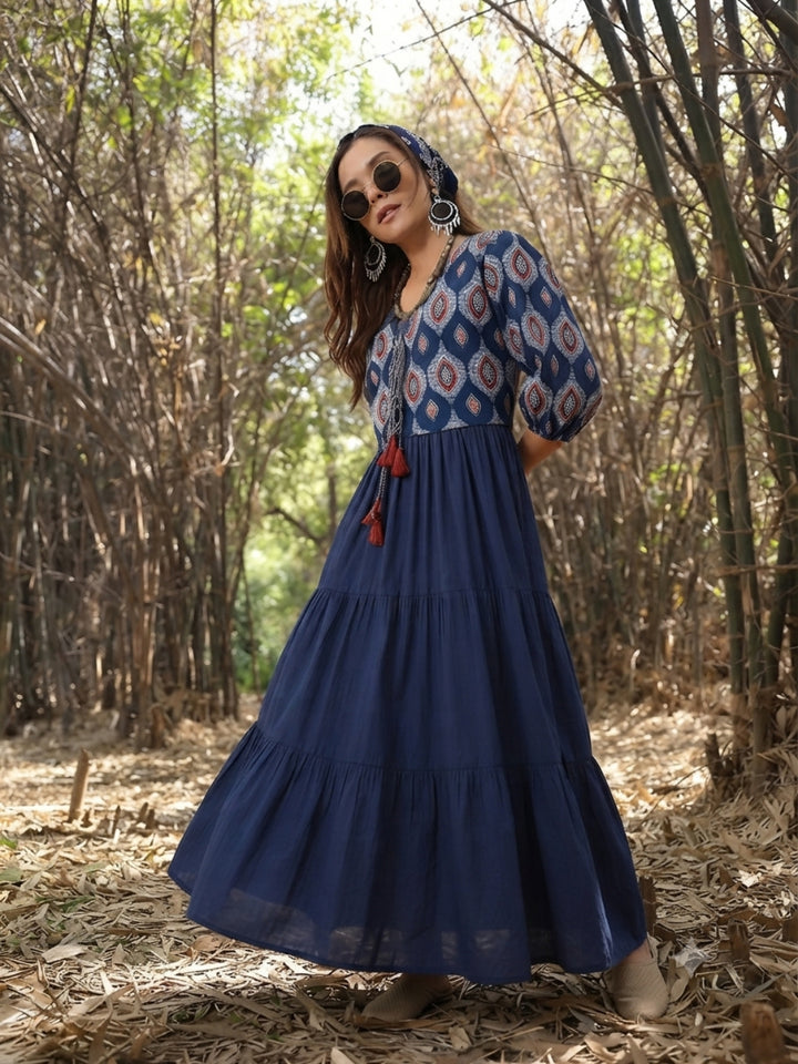 Solid Cotton Tiered Dress With Ethnic Jacket