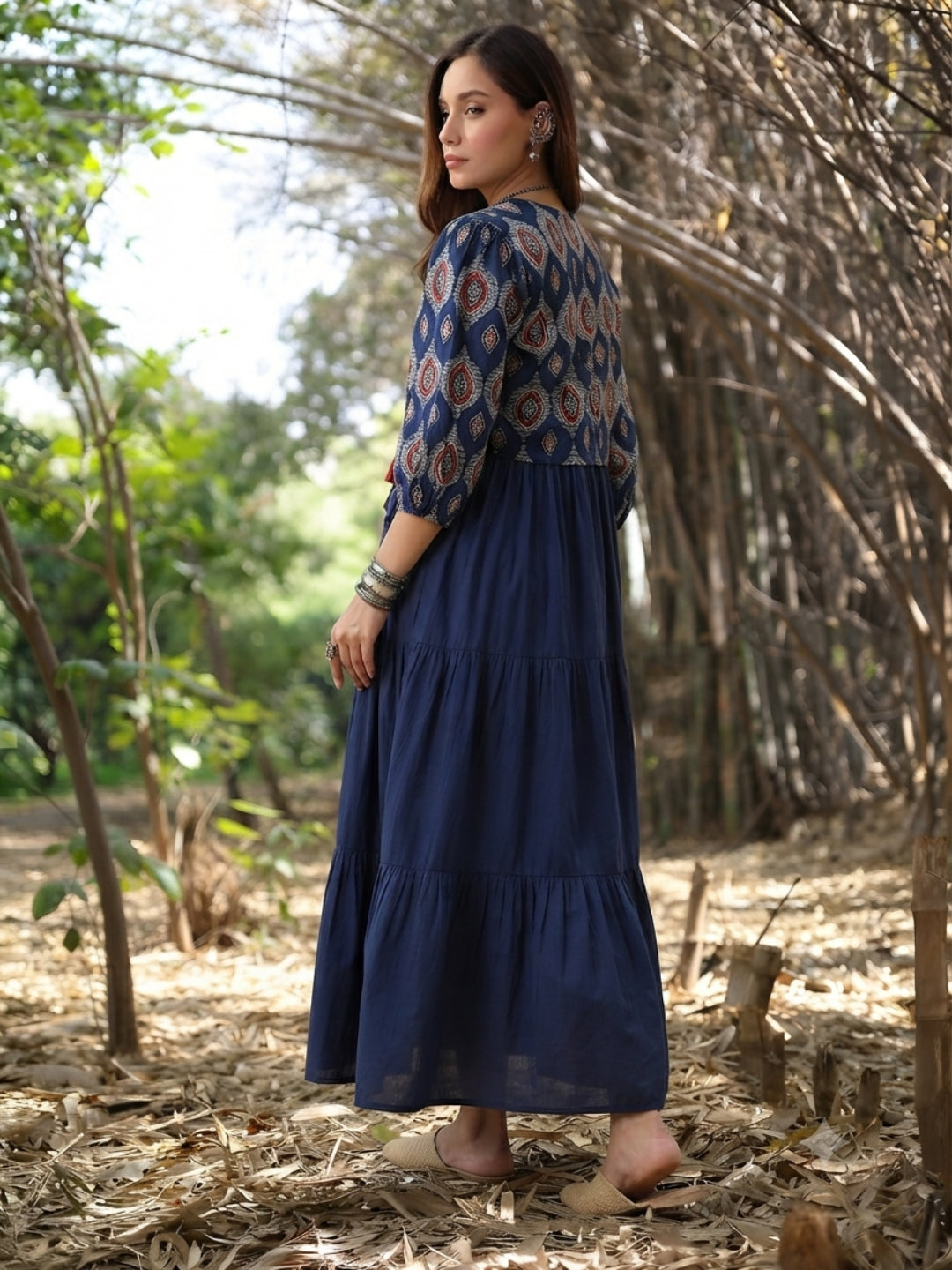 Solid Cotton Tiered Dress With Ethnic Jacket