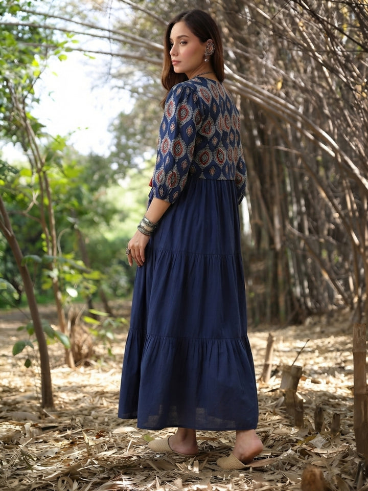 Solid Cotton Tiered Dress With Ethnic Jacket