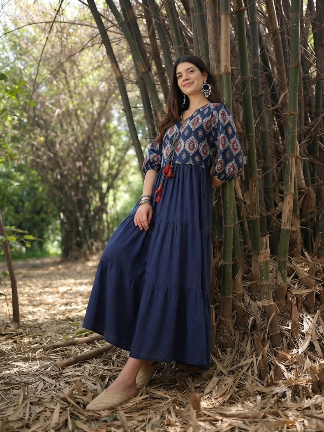 Solid Cotton Tiered Dress With Ethnic Jacket