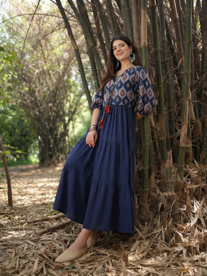 Solid Cotton Tiered Dress With Ethnic Jacket