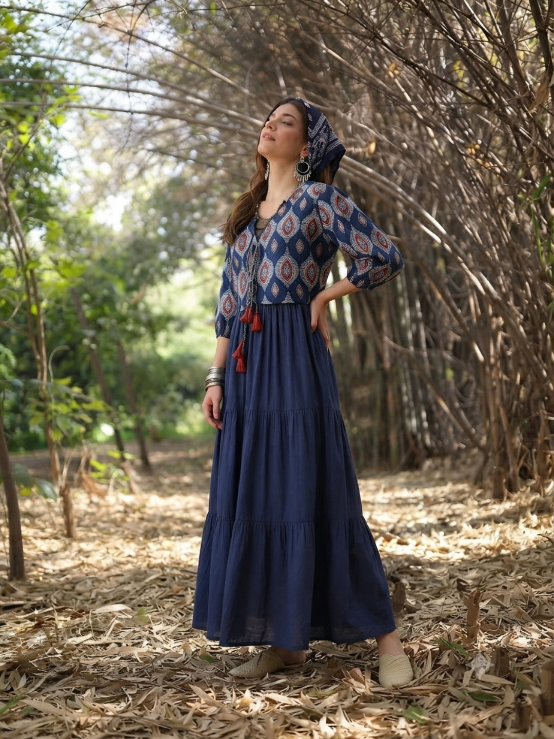 Solid Cotton Tiered Dress With Ethnic Jacket