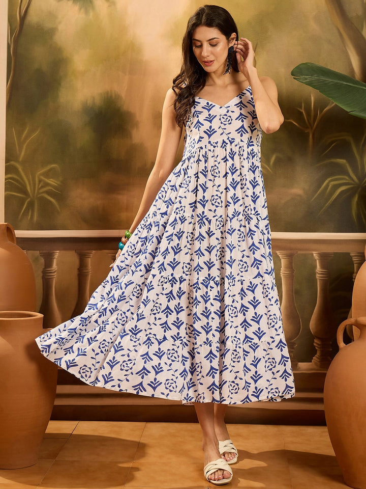 Blue Printed Cotton Flared Dress