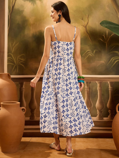 Blue Printed Cotton Flared Dress